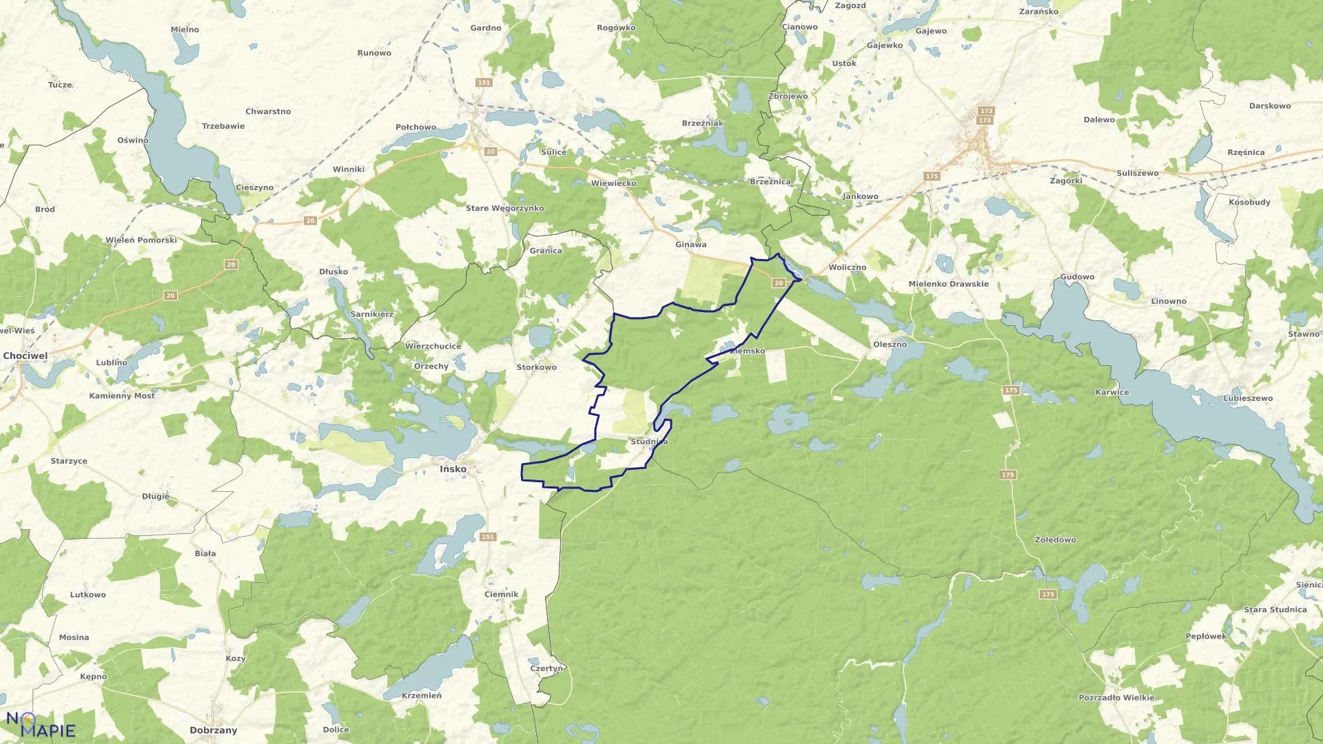 Mapa obrębu Studnica w gminie Ińsko